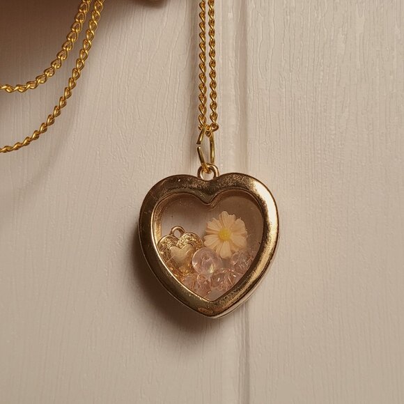 Fun Gold Plated Locket Necklace with Peach Flower, Pink Beads and Gold Heart - Picture 4 of 13